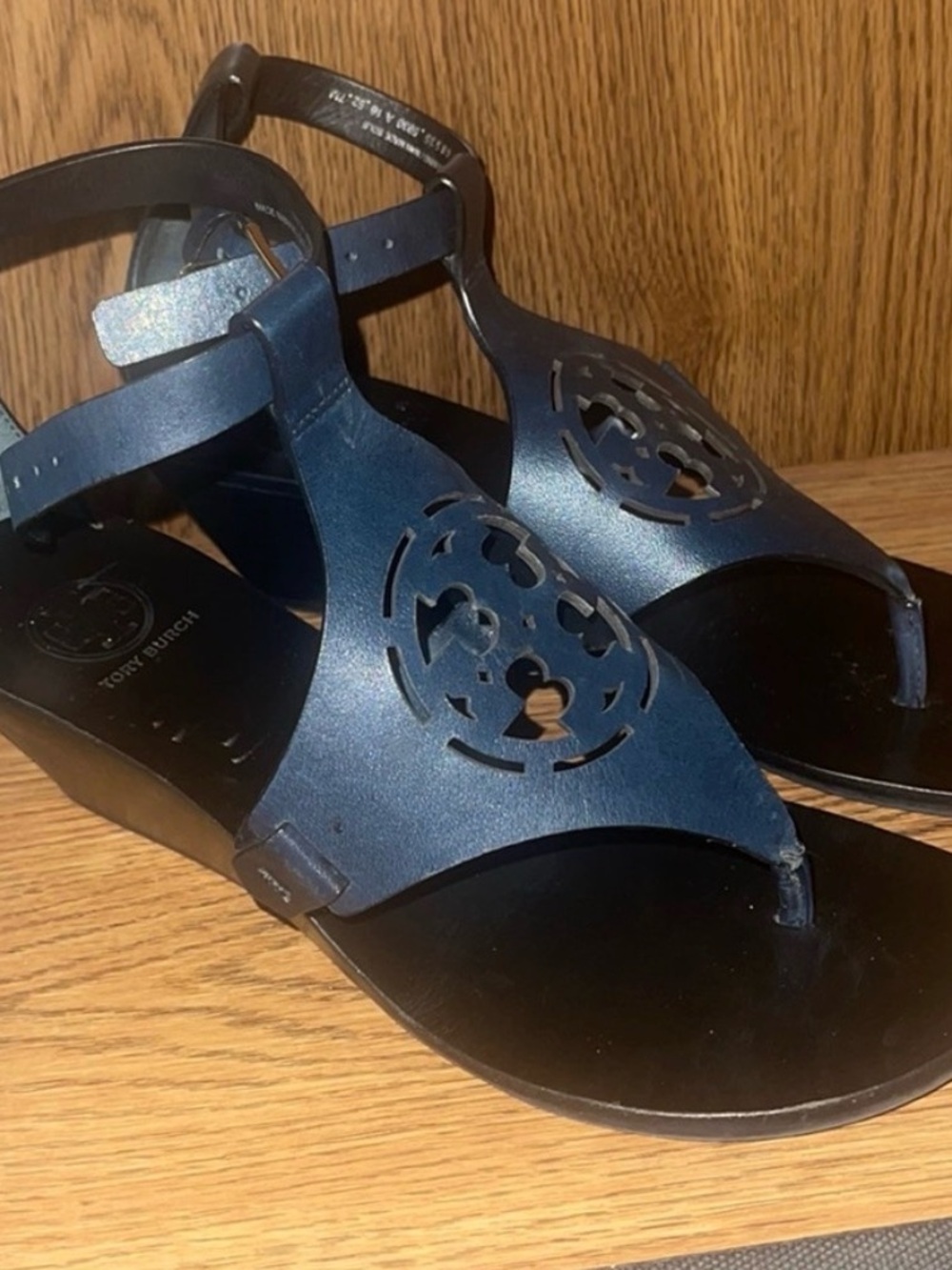 Tory Burch Zoey Blue Leather Ankle Strap Wedge Heel Thong Sandals.